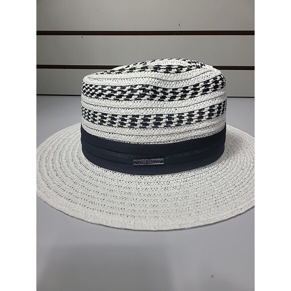 Vince Camuto Black And White Stripes Straw Fadora Hat Nwt - Picture 5 of 7